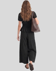 Cotton Smocked Top & Wide-Leg Pants Set with Pockets