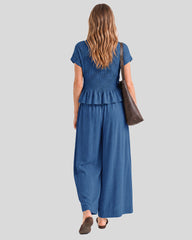 Cotton Smocked Top & Wide-Leg Pants Set with Pockets