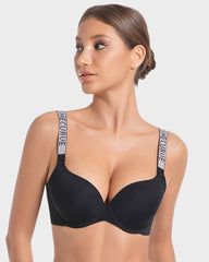 Deep V Push-Up Underwire Bra with Rhinestone Strap