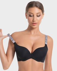 Deep V Push-Up Underwire Bra with Rhinestone Strap