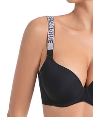 Deep V Push-Up Underwire Bra with Rhinestone Strap