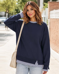 Faux-Layer Rib-Trim Oversized Crewneck Sweatshirt