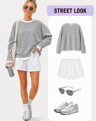 Faux-Layer Rib-Trim Oversized Crewneck Sweatshirt