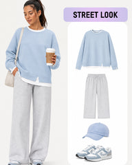 Faux-Layer Rib-Trim Oversized Crewneck Sweatshirt