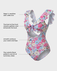 Floral Ruffle V-Neck Cutout One-Piece Swimsuit