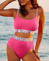 Ribbed High-Waisted Bikini Set with Floral Trim