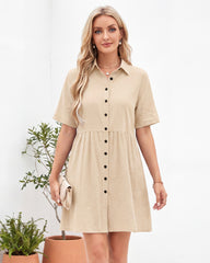 Short-Sleeve Button-Down Tiered Mini Shirt Dress