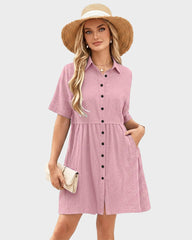 Short-Sleeve Button-Down Tiered Mini Shirt Dress