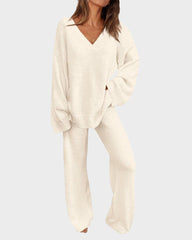 Soft Fuzzy V-Neck Loungewear Set