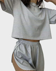 Women Striped Crop Pajama Loungewear Set