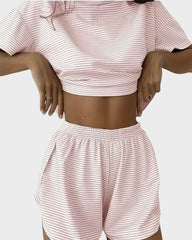 Women Striped Crop Pajama Loungewear Set