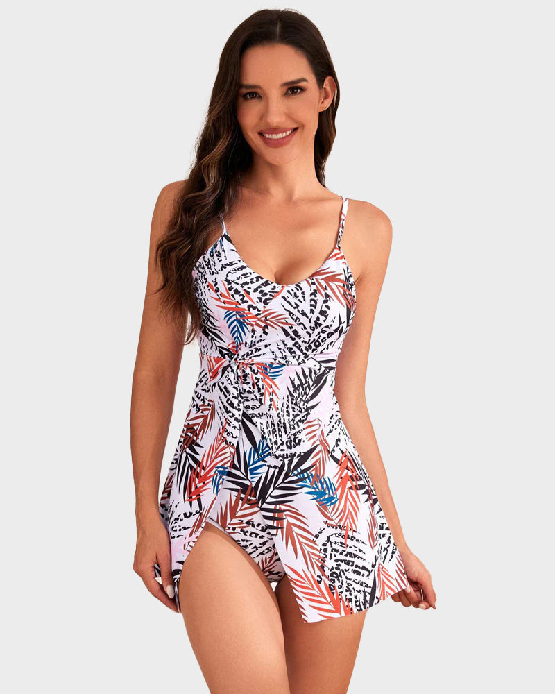 Tummy Control V Neck Twist Knot Tropical Skirted Swimdress