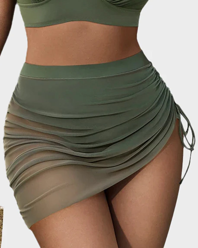Mesh High Waisted Tummy Control Sarong Wraps Bikini Set