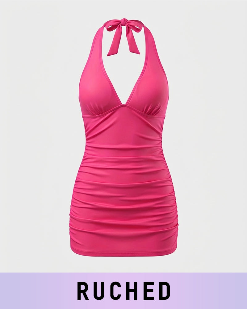 SculptSkin™ BackStage Halter V-Neck Swim Dress