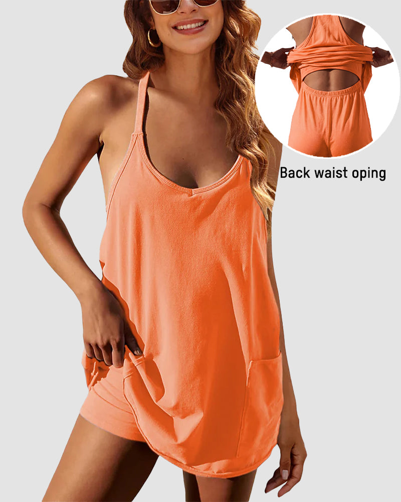 Adjustable Strap Active Mini Dress with Built-In Shorts & Pockets