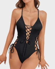Deep Plunge V Neck High Cut Lace Up Swimsuit