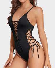 Deep Plunge V Neck High Cut Lace Up Swimsuit