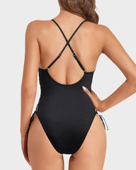 Deep Plunge V Neck High Cut Lace Up Swimsuit