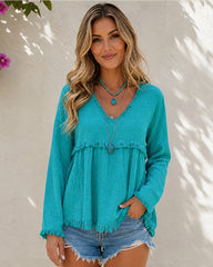 Boho Fringe V-Neck Long-Sleeve Babydoll Blouse