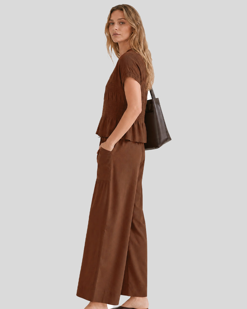 Cotton Smocked Top & Wide-Leg Pants Set with Pockets