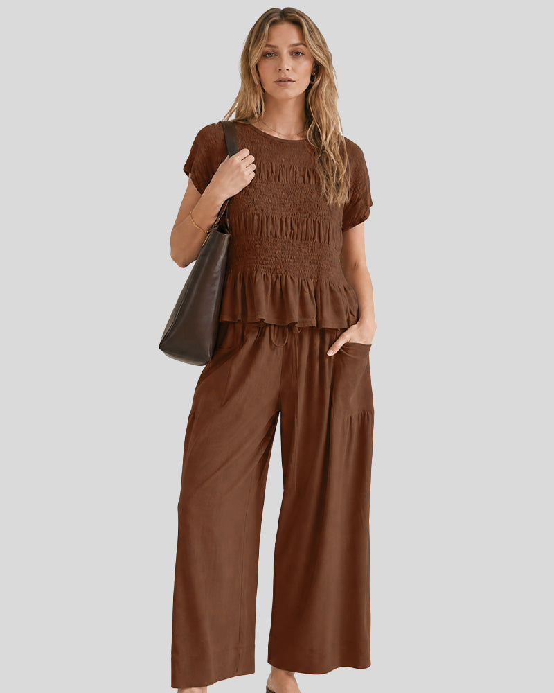 Cotton Smocked Top & Wide-Leg Pants Set with Pockets