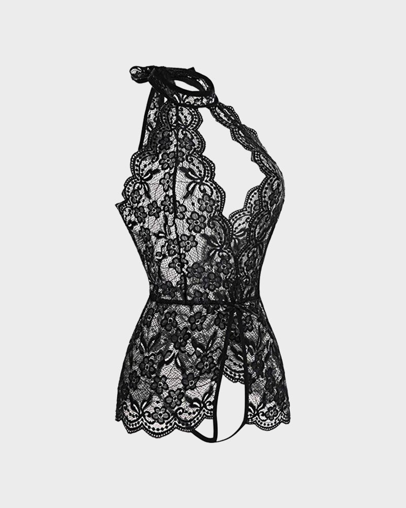 Deep V Halter Lace Teddy Bodysuit