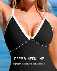Deep V Ribbed Cross Back One-Piece Swimsuit