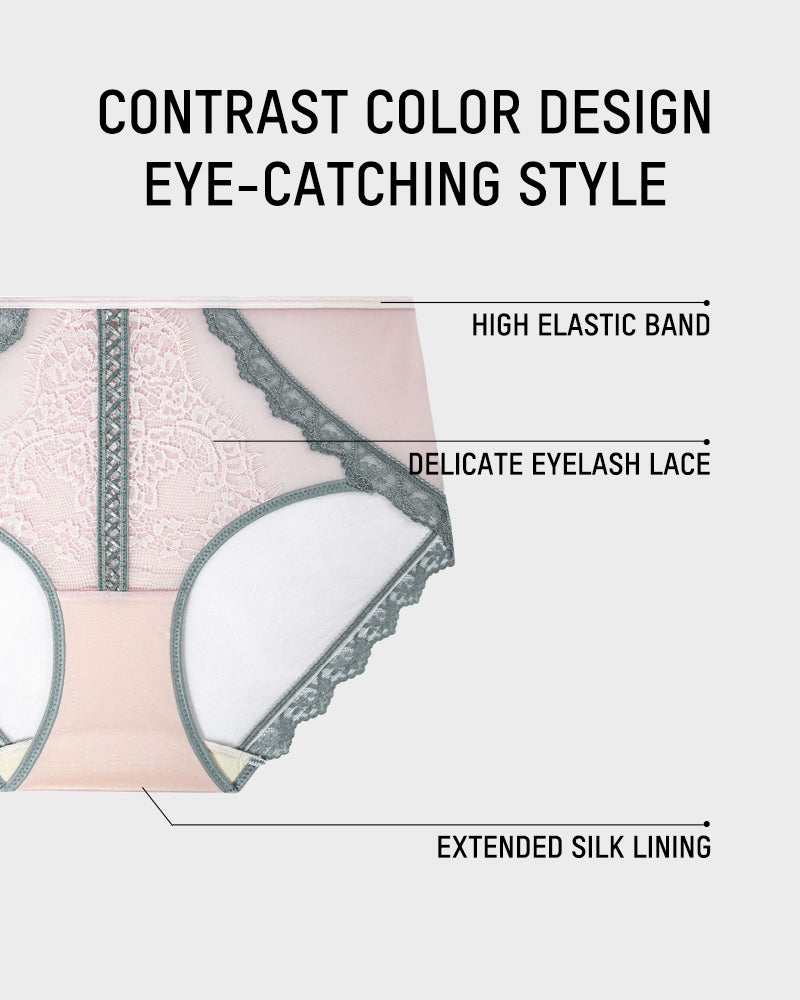 Elegant Antibacterial Mulberry Silk Mid-Waist Lace Panel Panties (3 Pack)