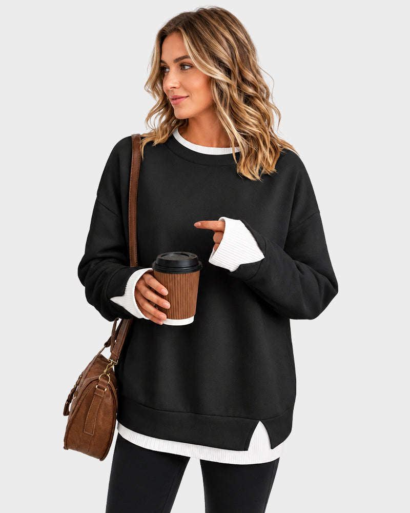 Faux-Layer Rib-Trim Oversized Crewneck Sweatshirt