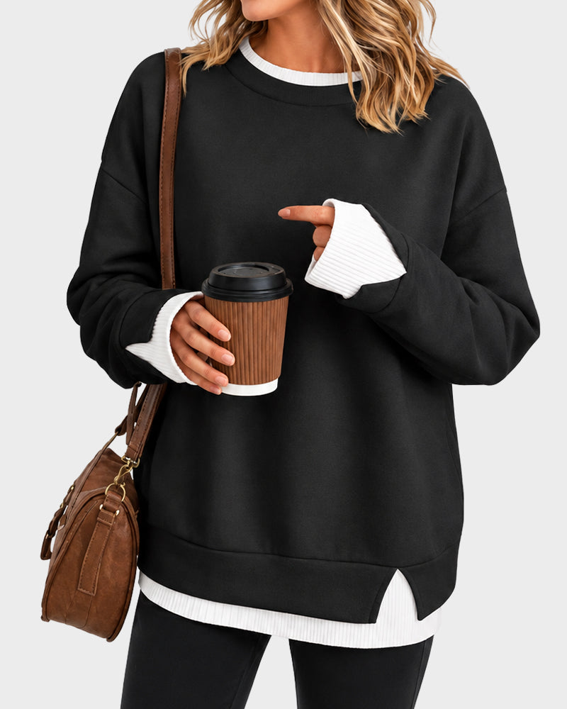 Faux-Layer Rib-Trim Oversized Crewneck Sweatshirt