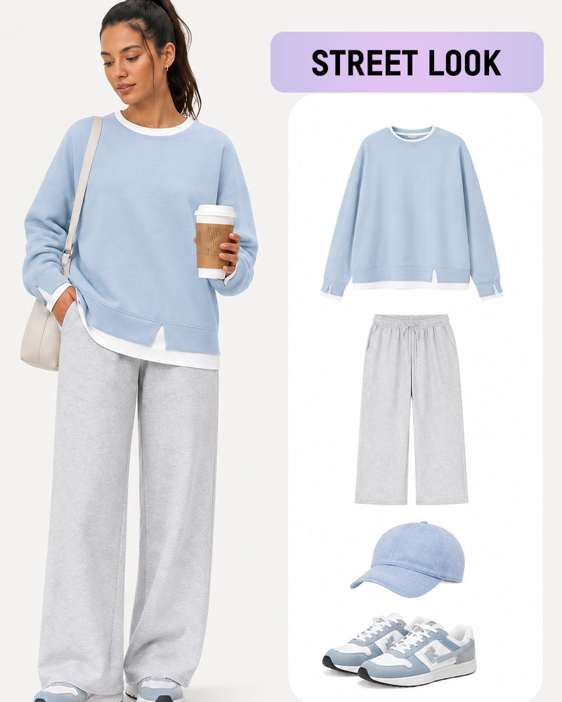 Faux-Layer Rib-Trim Oversized Crewneck Sweatshirt