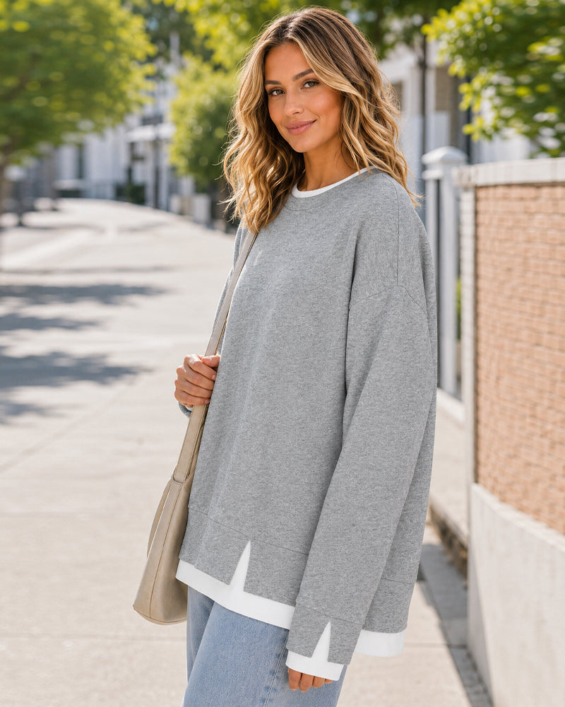 Faux-Layer Rib-Trim Oversized Crewneck Sweatshirt