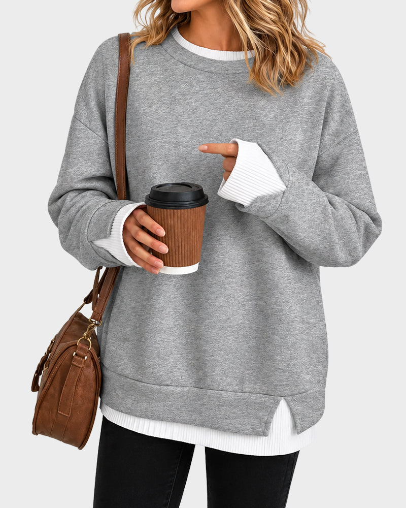 Faux-Layer Rib-Trim Oversized Crewneck Sweatshirt