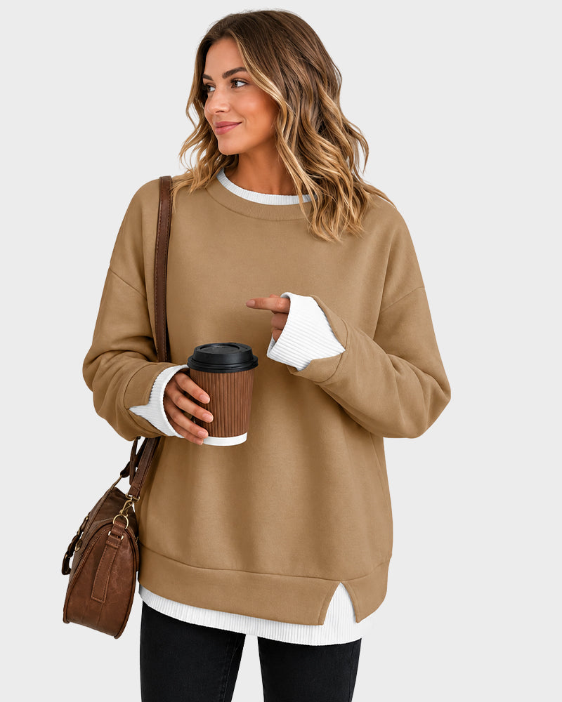 Faux-Layer Rib-Trim Oversized Crewneck Sweatshirt