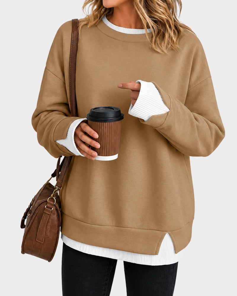 Faux-Layer Rib-Trim Oversized Crewneck Sweatshirt