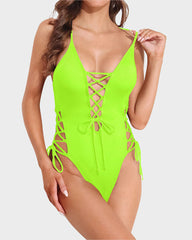 Deep Plunge V Neck High Cut Lace Up Swimsuit