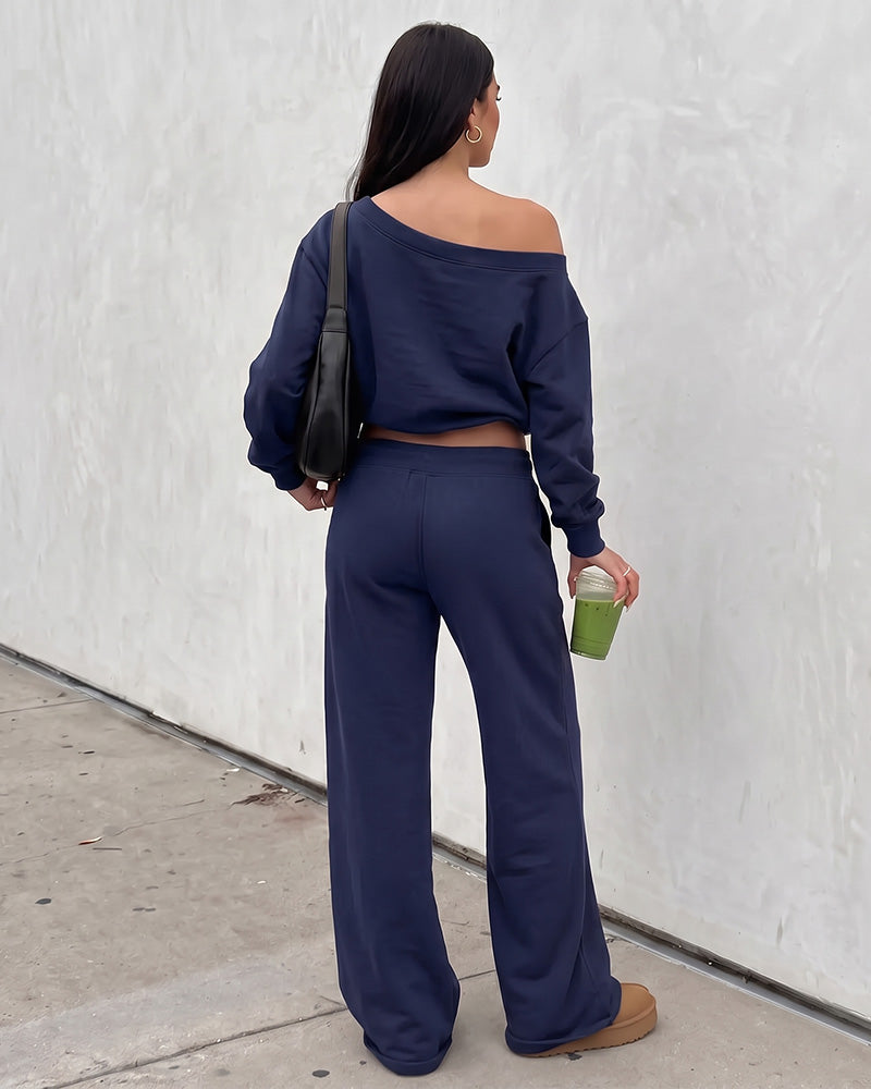 Off-Shoulder Wide-Leg 2-Piece Sweatsuit