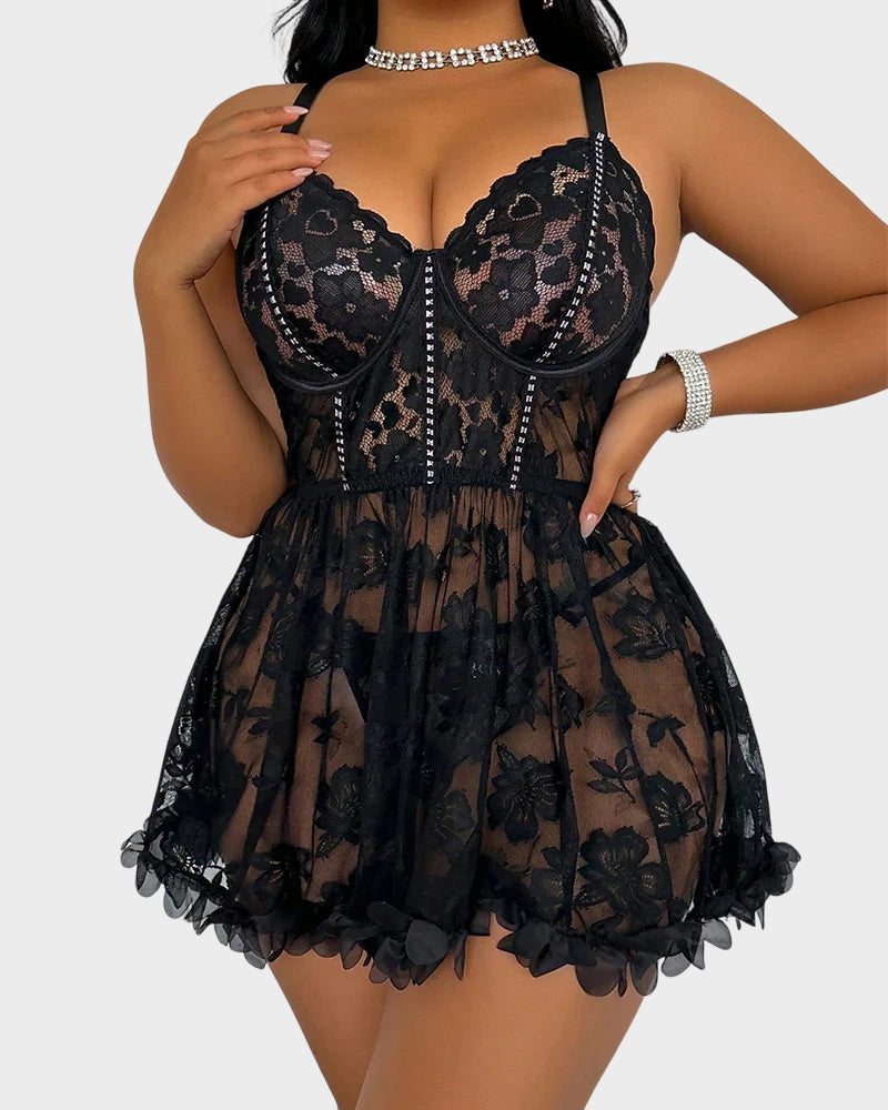 Sheer Lace Rhinestone Babydoll