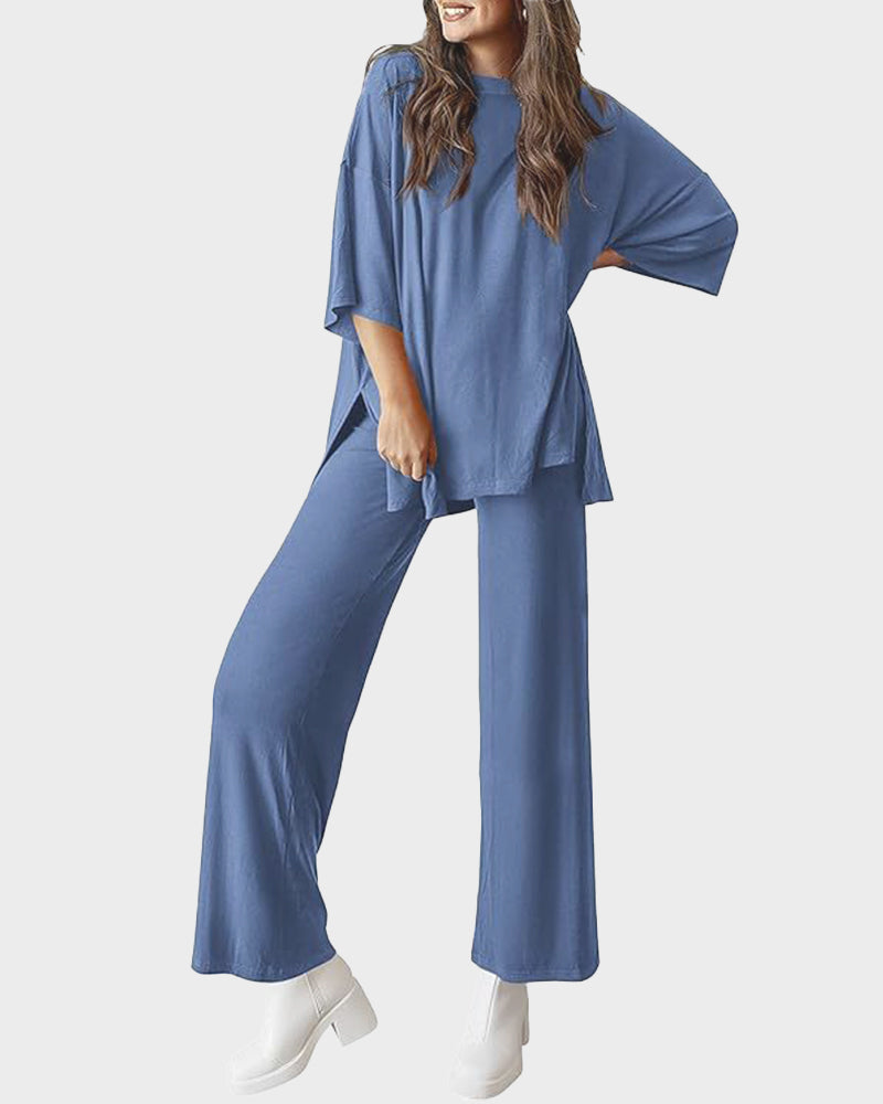 Split Hem Wide Leg Pants 2-Piece Casual Set