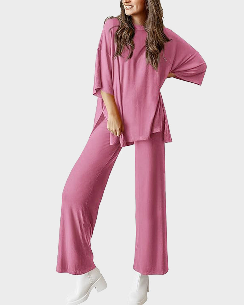 Split Hem Wide Leg Pants 2-Piece Casual Set