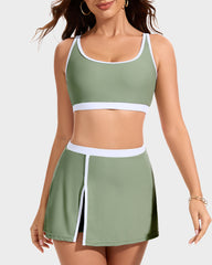 Sporty Color Block Side Slit Skirted Bikini Set