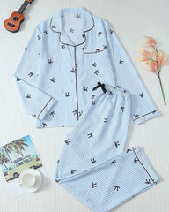 Striped Bow Print Long Sleeve Pajama Set