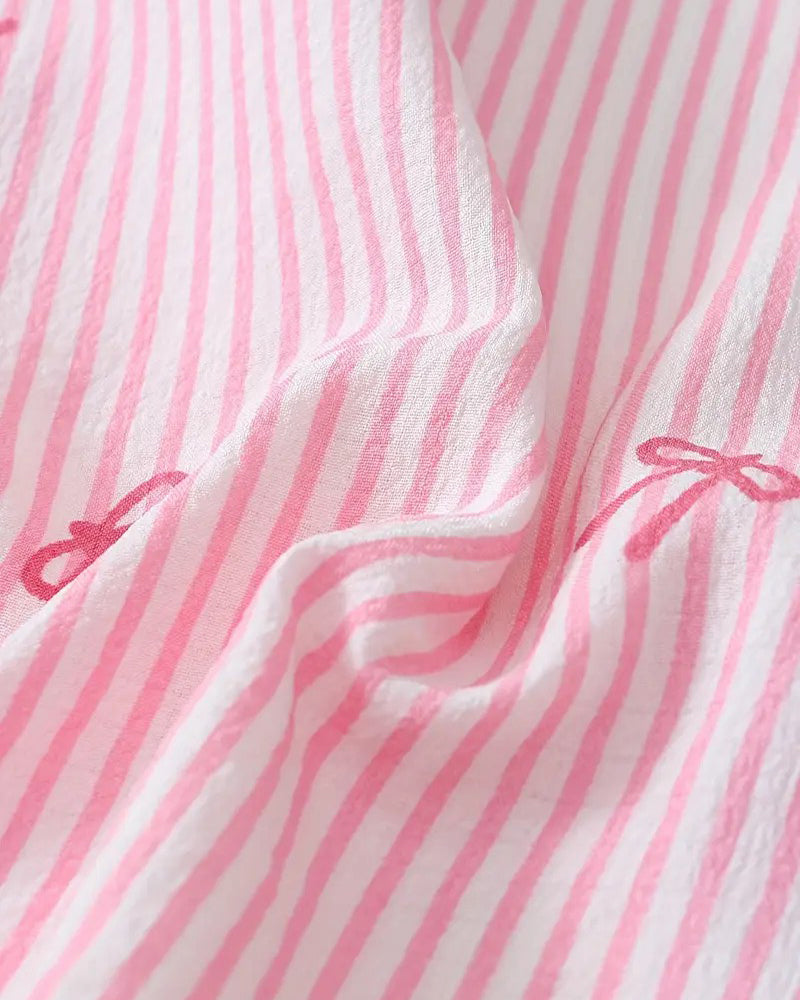 Striped Bow Print Long Sleeve Pajama Set