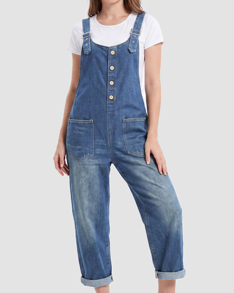 Vintage Button-Front Denim Bib Overalls
