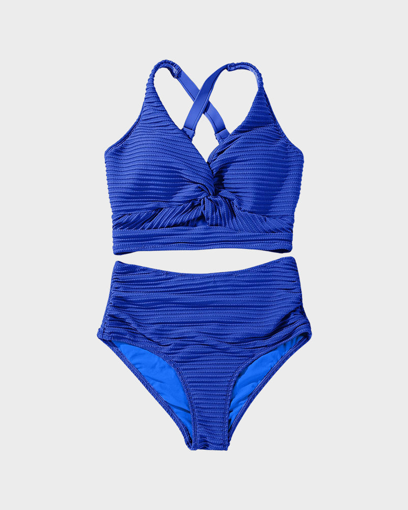 Textured Knot-Front High-Waisted Bikini Set