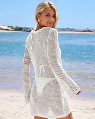 Deep Plunge Long Sleeve Beach Crochet Cover Up Dress
