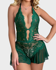 Lace Halter Teddy with Sheer Skirt